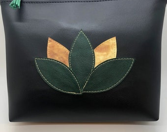 Vegan Leather Make Up Bag, Travel Bag, Zipper bag, Flower appliqué bag waterproof bag