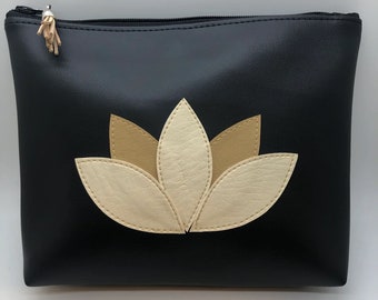 Natural Flower Vegan Leather Make Up Bag, Travel Bag, Zipper bag, Flower appliqué bag waterproof bag