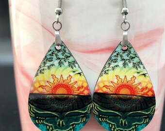 Sunrise Skeleton Face Dangle earrings teardrop lightweight double sided hook earring ladies gift