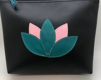 Pink and Green Lotus Flower Vegan Leather Make Up Bag, Travel Bag, Zipper bag, Flower appliqué bag waterproof bag