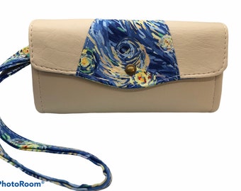 Cream faux leather and starry clutch wallet with detachable wristlet strap NCW wallet