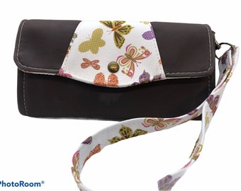 Cedar brown faux leather and butterflies clutch wallet with detachable wristlet strap NCW wallet