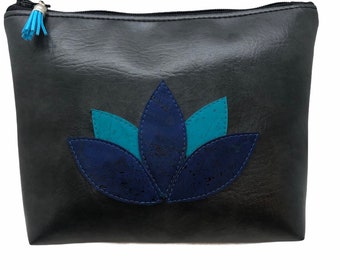 Turquoise & Navy  Cork Flower Vegan Leather Make Up Bag, Travel Bag, Zipper bag, Flower appliqué bag waterproof bag