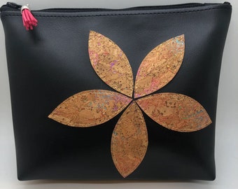 Rainbow Cork Flower Vegan Leather Make Up Bag, Travel Bag, Zipper bag, Flower appliqué bag waterproof bag