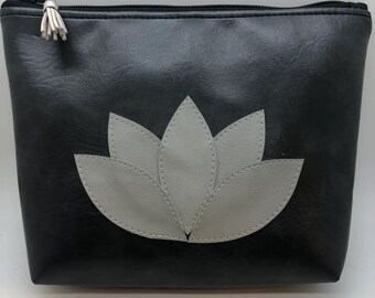 Gray Lotus Flower Vegan Leather Make Up Bag, Travel Bag, Zipper bag, Flower appliqué bag waterproof bag