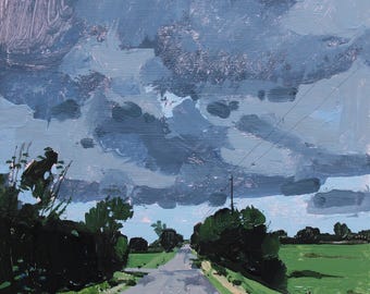 May include: An oil painting of a gray asphalt road stretching into the distance, flanked by dark green trees and vibrant green fields. Above, a dramatic sky is filled with heavy, textured blue and gray storm clouds with visible brushstrokes.