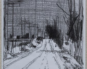 Original Small Plein Air Landscape Drawing on Panel, Fridge Magnet, "Overcast Return"