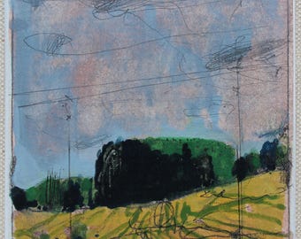 Pequeño cuadro original de paisaje en gouache sobre tabla, imán para nevera, "August Light Chickabiddy Stand"