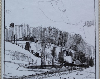 Dibujo original de paisaje al aire libre a lápiz sobre tabla, imán para nevera, "Cerca de Sylvan Glen".