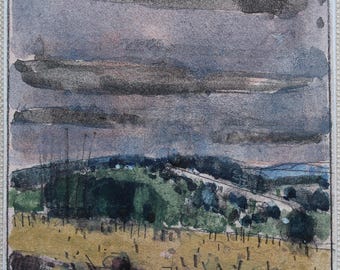Original Small Plein Air Gouache Landscape  Painting on Panel, Fridge Magnet, "To Dean's Hill"