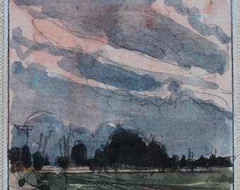 Pequeño cuadro original de paisaje en gouache sobre tabla, imán para nevera, "Chickabiddy Glow"