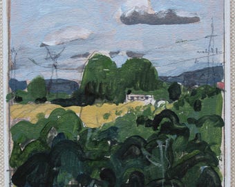 Original Small Acrylic Plein Air Landscape Painting on Panel, Fridge Magnet, "White Trailer"