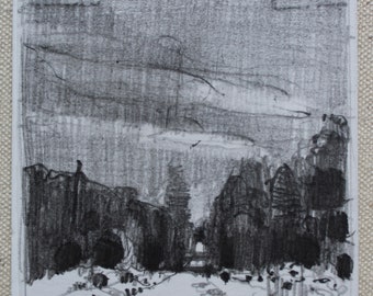 Evening Haze, Original Small Plein Air Landscape Drawing on Panel, Fridge Magnet, Stooshinoff