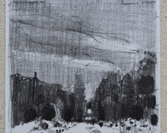 May include: A black and white pencil drawing of a landscape with a road leading into a forest. The sky is cloudy and the trees are tall and thin.