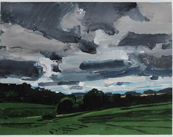 May include: An oil painting depicting a landscape with a vibrant green field in the foreground and a dense line of dark green trees in the midground. Above, a dramatic sky is filled with thick, textured clouds in shades of gray, white, and blue.