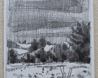 South Hills, Overcast,  Original Small Plein Air Landscape Pencil Drawing on Panel, Fridge Magnet, Stooshinoff