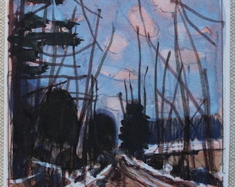 Entrance at Dusk, Original Small Winter Landscape Painting on Panel, Fridge Magnet, Stooshinoff