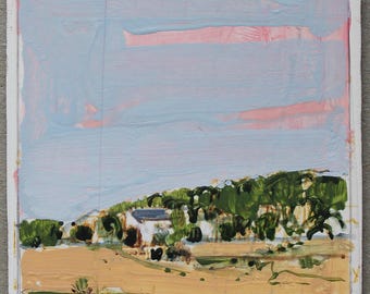 Original Small Acrylic Landscape  Painting on Panel, Fridge Magnet, "East Fields"