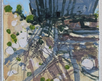May include: Abstract painting with a white border. The artwork features a mix of colors, including blue, brown, green, and white. The composition includes brushstrokes and organic shapes, suggesting a landscape or natural scene. The painting is on a square canvas.