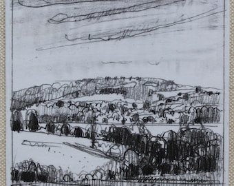 Original Small Plein Air Landscape Drawing on Panel, Fridge Magnet, Stooshinoff, "Rice Lake, Bewdley Shore"