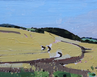 Original Summer Landscape Painting on Panel, 5 x 8 Inches, Free Shipping, Stooshinoff, August Wheat