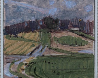 Original Acrylic Landscape Painting, Fridge Magnet, "Rainy Market Field"