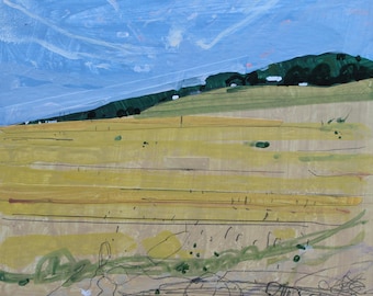 Canadian Summer Landscape Collage Painting on Panel, 8 x 8 inches, "July Heat Wave"