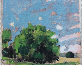 Piccolo dipinto originale a guazzo su pannello, calamita da frigo, "Homestead Junction"