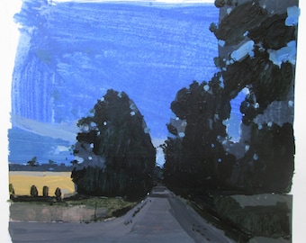 Evening Blue, Original Summer Landscape Collage Painting on Paper, Stooshinoff