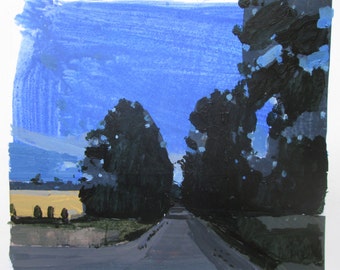 Evening Blue, Original Summer Landscape Collage Painting on Paper, Stooshinoff