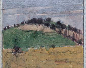 Pequeño cuadro original de paisaje al aire libre pintado con gouache sobre tabla, imán para nevera, "Bailieboro Hill, abril".