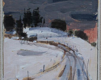 May include: An original painting of a snowy landscape. The artwork depicts a winding road through a snow-covered field, with dark trees and a moody, overcast sky. The color palette includes shades of white, gray, and black.