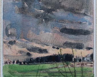 Original Small Gouache Plein Air Landscape  Painting on Panel, Fridge Magnet, "Farm Windbreak"