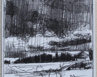 May include: A square ceramic tile featuring a black and white charcoal-style sketch of a landscape. The drawing depicts a dark, heavily shaded sky above a line of trees and a small building, with a light, open foreground area below.