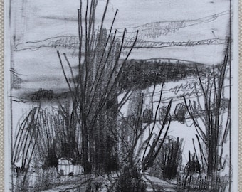 Original Small Plein Air Pencil Landscape Drawing on Panel, Fridge Magnet, "North Shore Fields"