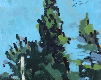 Original Canadian Encaustic Summer Landscape Painting on Panel, 8.5 x 10 Inches,  Stooshinoff, "English Oak"