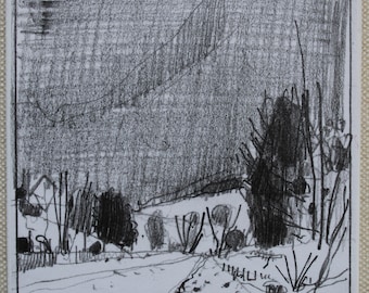 La dernière courbe, dessin original au crayon de petit paysage en plein air sur panneau, aimant pour réfrigérateur, Stooshinoff