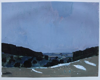 To Lake Ontario, Original Landscape Collage Painting on Paper, 11 x 15 Inches, Stooshinoff