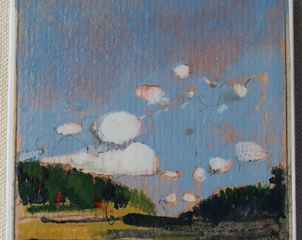 May include: A square tile featuring a painted landscape with a blue sky filled with white clouds. Below the sky, a dark green forest line sits above a field of yellow and brown earth. The artwork uses visible brushstrokes and thin black lines.