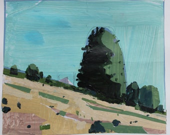 Hill Field, May 30, Original Spring Landscape Collage Painting on Paper, 11 x 15 Inches, Stooshinoff