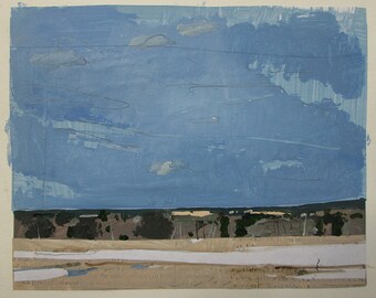 April 6, Bobby's Field, Original Spring Landscape Collage Painting on Paper, Stooshinoff