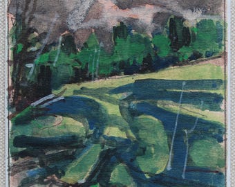 Original Small Gouache Landscape  Painting on Panel, Fridge Magnet, "May Shadows"