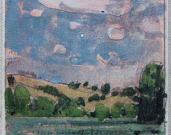 Pequeño cuadro original de paisaje pintado al aguada sobre tabla, imán para nevera, "Visitante, Camino del Tabaco".