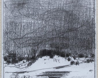 Original Small Landscape Pencil Drawing on Panel, Fridge Magnet, "Trail Thaw"