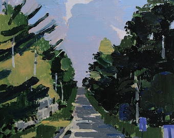May include: A painting of a road leading up a hill through a forest. The road is paved and the trees are green and brown. The sky is blue and there are white clouds.