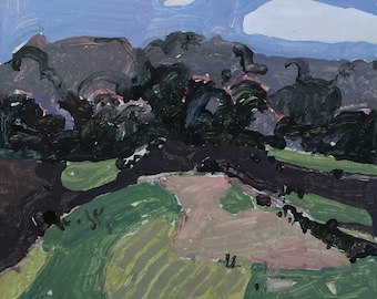 Crocus Hill April, Original Abstract Landscape  Painting on Panel, 8 x 8 Inches, Stooshinoff