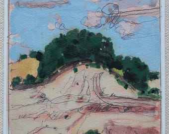 Original Small Gouache Landscape  Painting on Panel, Fridge Magnet, "Construction Zone"