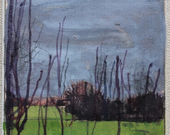 Original Gouache Landschaftsgemälde auf Holzplatte, Kühlschrankmagnet, "April Stand"