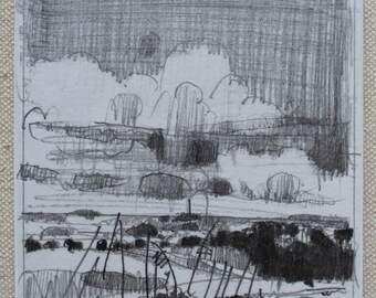 Evening Clearing, Original Small Plein Air Landscape Pencil Drawing on Panel, Fridge Magnet, Stooshinoff