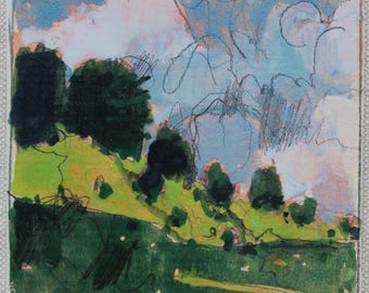Original Small Gouache Landscape  Painting on Panel, Fridge Magnet, "July Climb"